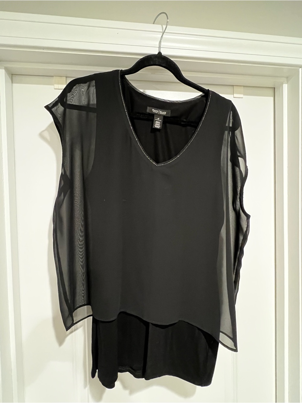 White House Black Market Black Layered Sheer V-Neck Tunic Top